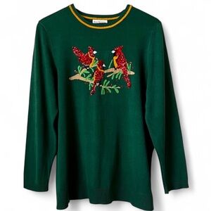 KIM ROGERS Sequined Cardinal Pullover Sweater Crewneck Green Red Christm…